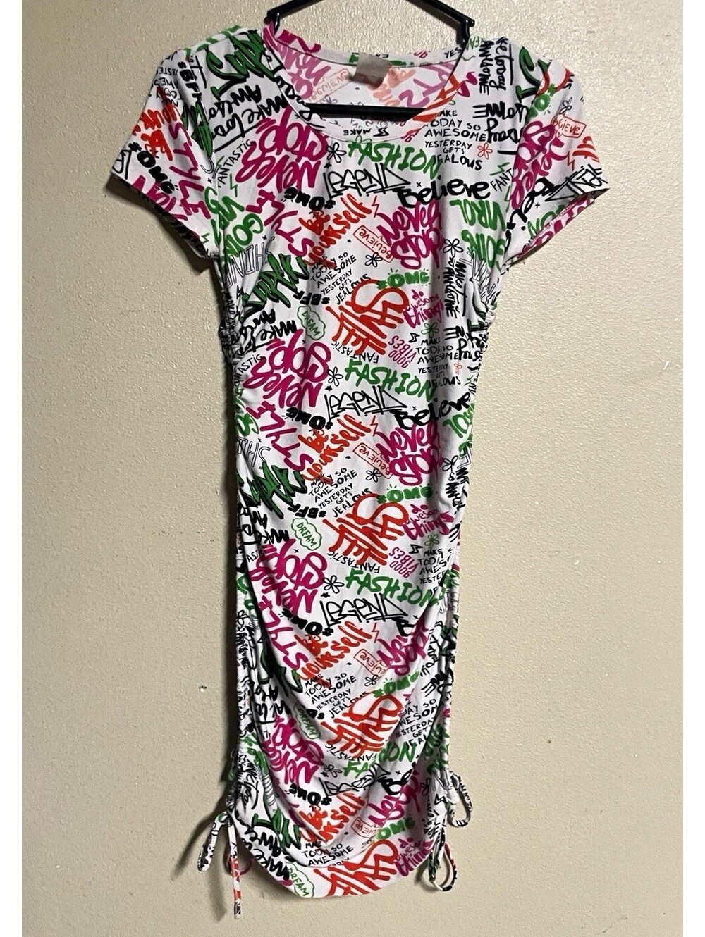 No Boundaries dress XS Mini White Multicolor Graffiti Short Sleeve Drawstring